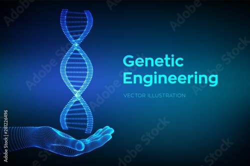 DNA sequence in hand. Wireframe DNA molecules structure mesh. DNA code editable template. Science and Technology concept. Vector illustration.