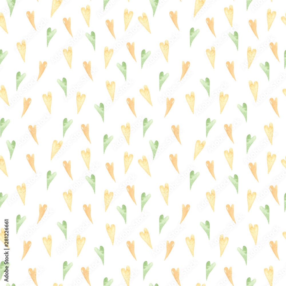 Watercolor seamless pattern with green, orange hearts. Texture, print for wallpaper, packaging, mother's day, valentine's day, fabric, textiles.