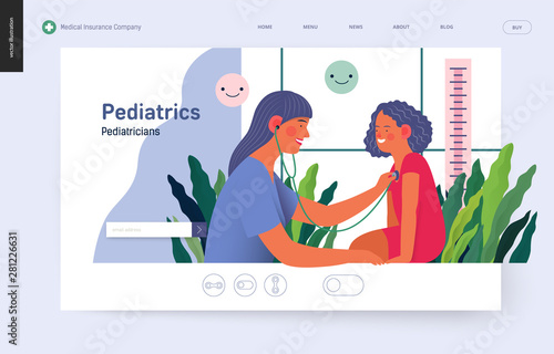 Pediatrics - medical insurance -modern flat vector concept digital illustration - female pediatrician carrying out the auscultation of a little girl with a stethoscope, medical office or laboratory
