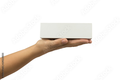white gift box on woman's hand isolated on white background