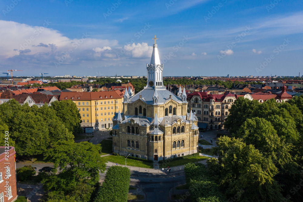 Aerial view of the Saint Paul's Church in Malmo, Sweden