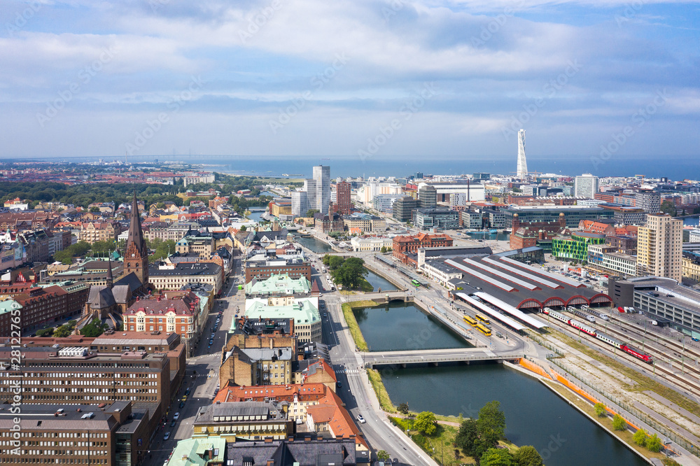 Aerial view of the Malmo Central Station on the background of the cityscape, Sweden