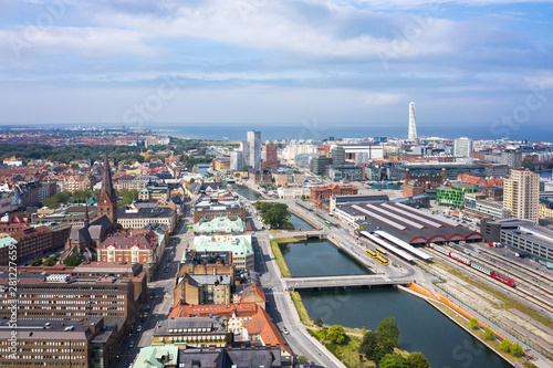 Aerial view of the Malmo Central Station on the background of the cityscape, Sweden