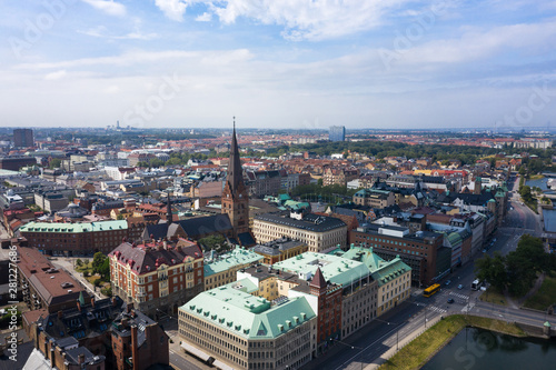 Aerial: The cityscape of Malmo downtown, Sweden