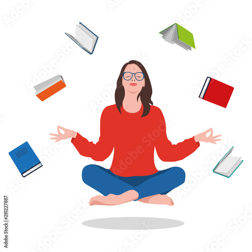 The girl sits in a lotus pose - zen and meditates on books. Remembering what you read. Girl in red. Girl with books. Vector Illustration on white background