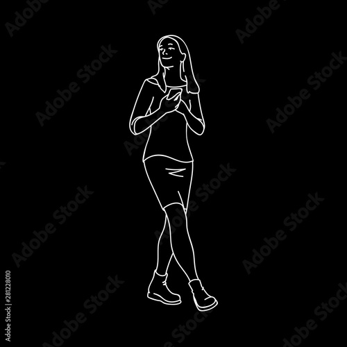 Cute girl with phone in her hands at the chest taking a walk. White lines isolated on black background. Concept. Vector illustration of girl in skirt in simple line art style. Monochrome minimalism