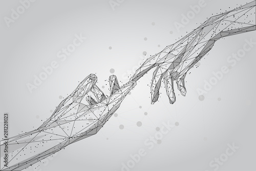 Low poly wireframe human hands touching with fingers from lines, triangles and particles. Polygonal low poly 3D vector Illustration 
