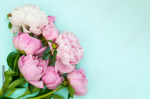 pink flowers, peonies on turquoise background, postcard template