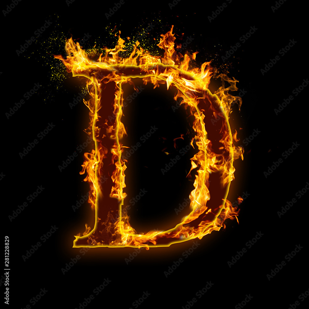 Letter D. Fire flames on black isolated background, realistick fire ...