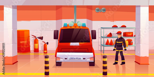Firefighter stand near fire engine in garage, man in uniform and helmet in room with red car, steel pole, signaling, water barrel, sand box, extinguishers, buckets, hoses. Cartoon vector illustration