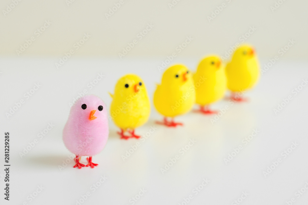 Small baby chicken toy of pink color and many chickens of yellow color on white table. Leadership or diversity concept