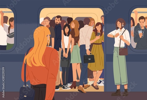 Young woman trying to enter subway train car full of people. Overcrowded underground or metro. Problem of city overpopulation and urban transportation. Flat cartoon colorful vector illustration.