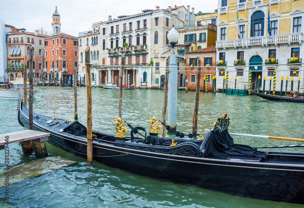 View of the Grand Canal and a gondola in Venice, Italy.