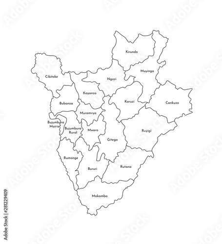 Vector isolated illustration of simplified administrative map of Burundi. Borders and names of the provinces (regions). Black line silhouettes