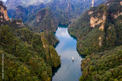 Beautiful aerial scenery and boat trip on Baofeng lake photo