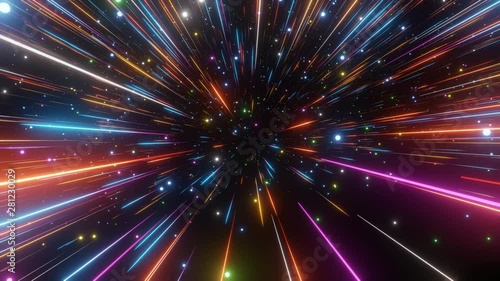 Abstract hyperspace background. Speed of light, neon glowing rays and stars in motion. Moving through stars. 4k Seamless loop