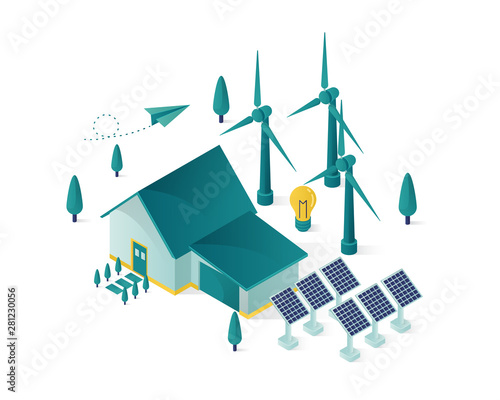 solar panel energy isometric illustration, renewable energy using solar panel to a house isometric vector illustration