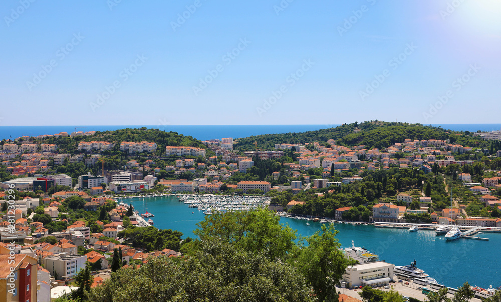 Dalmatian coastline panoramic view from Dubrovnik with the port, Croatia, Europe