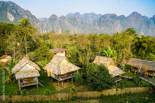 Bamboo bungalow with mountain background 