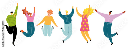 Happy jumping people set, cheerful and active group