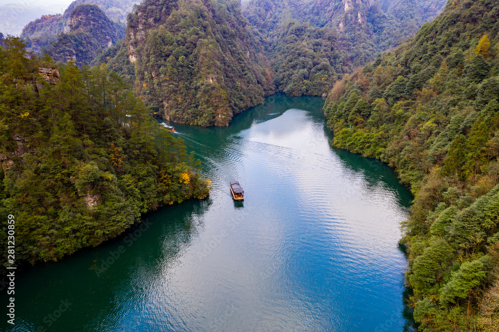 Above view of beautiful Baofeng lake and tourist boat trip Above view of beautiful Baofeng lake and tourist boat trip