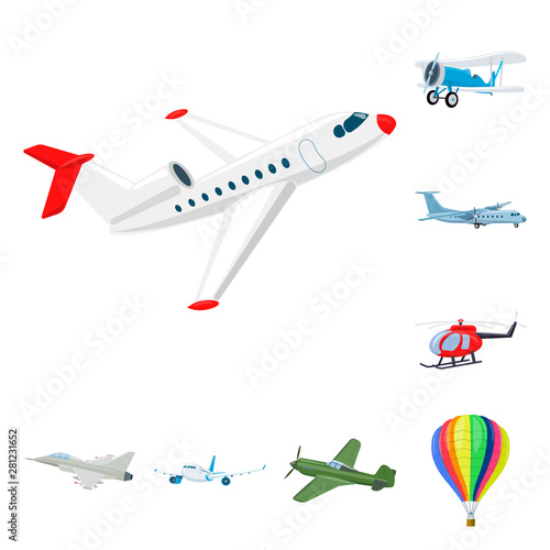 Vector design of plane and transport symbol. Set of plane and sky vector icon for stock.