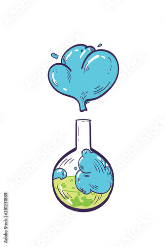 Detailed drawing of round-bottom flask with liquid reagent isolated on white background