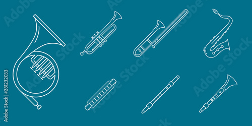Music instruments Icons set - Vector outline symbols of wind instruments, saxophone, sax, tube, mouth organ and flute for the site or interface