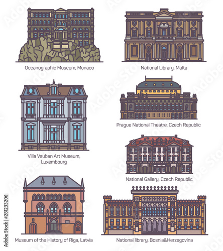 Famous european culture buildings in thin line