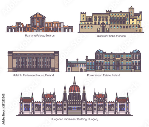 Set of European parliament buildings in thin line