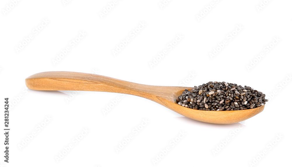 chia seeds in wood spoon on white background chia seeds in wood spoon on white background