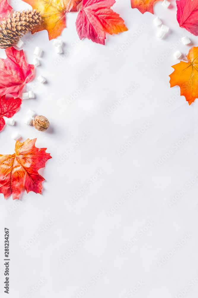 Autumn composition concept background. Cappuccino coffee or hot chocolate cup, with autumn bright leaves, pine cones, marshmallows. Flatlay on white background, simple top view pattern Autumn composition concept background. Cappuccino coffee or hot chocolate cup, with autumn bright leaves, pine cones, marshmallows. Flatlay on white background, simple top view pattern