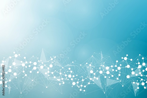 Structure molecule and communication. Dna, atom, neurons. Scientific concept for your design. Connected lines with dots. Medical, technology, chemistry, science background. Vector illustration.