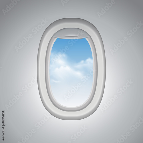 Vector realistic airplane window with blue sky and clouds - tourism, transportation, holidays