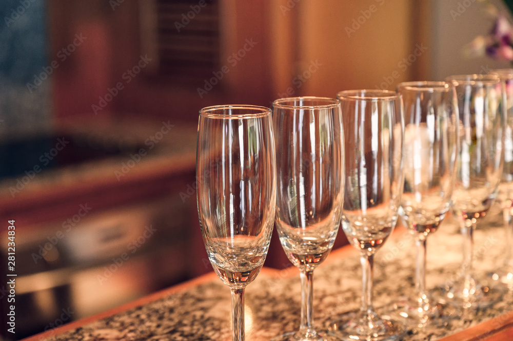 Row of glass wine with shiny on bar Row of glass wine with shiny on bar