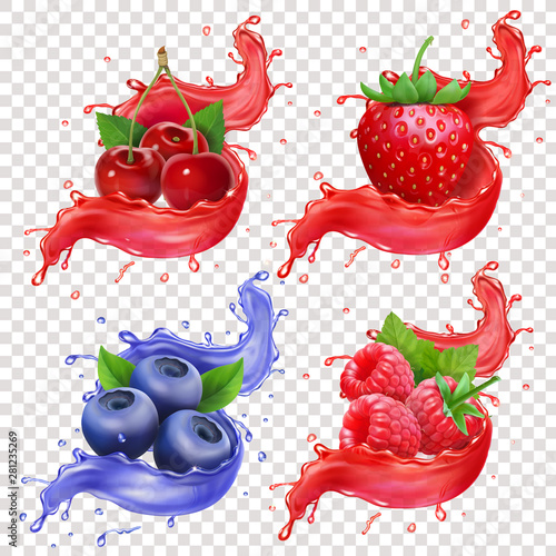 Realistic berries juice Splashes set Strawberry, blueberry, raspberry and cherry collection vector