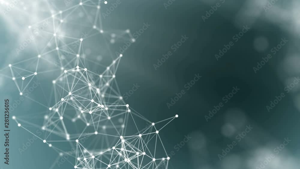 Virtual neurons firing in an artificial intelligence neural network concept. Light impulses traveling along waving particles. Depth of field settings.