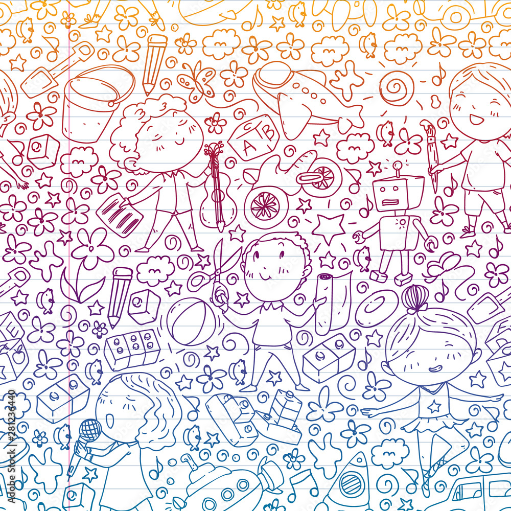 Seamless painted by hand style pattern on the theme of childhood. Vector illustration for children design. Drawing on exercise notebook in gradient style.