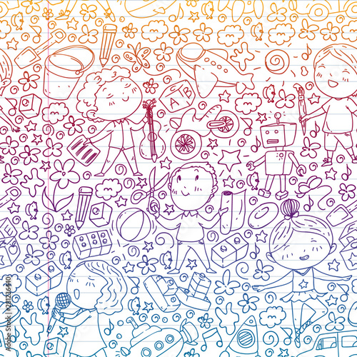 Seamless painted by hand style pattern on the theme of childhood. Vector illustration for children design. Drawing on exercise notebook in gradient style.