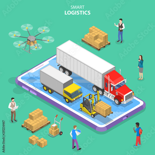 Isometric flat vector concept of smart logistics and transportation, mobile app for delivery tracking, cargo fast delivery.
