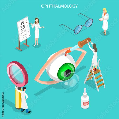 Isometric flat vector concept of ophthalmology, eyesight check up, eyes health care, ophthalmological examination.