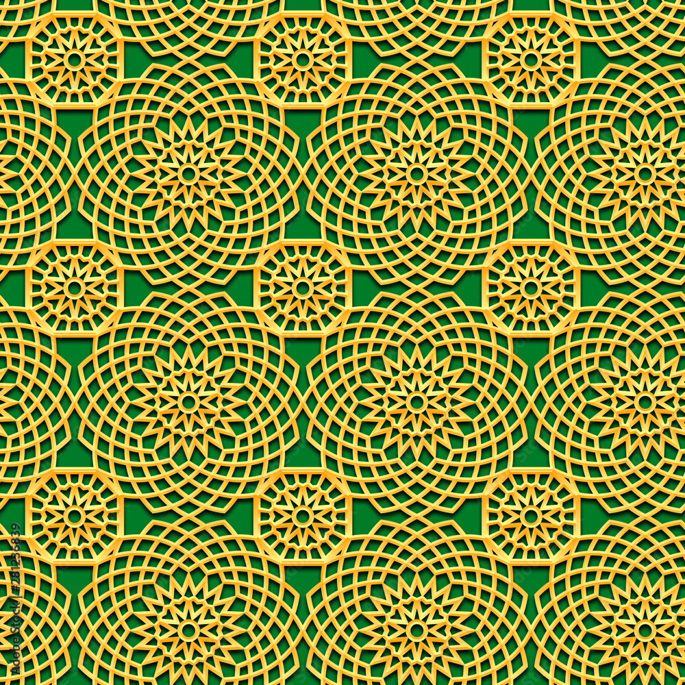 ten pointed stars gold ornamen, lattice, lace on green background repeatable pattern ten pointed stars gold ornamen, lattice, lace on green background repeatable pattern