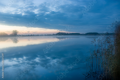 Evening fog over the lake and reeds