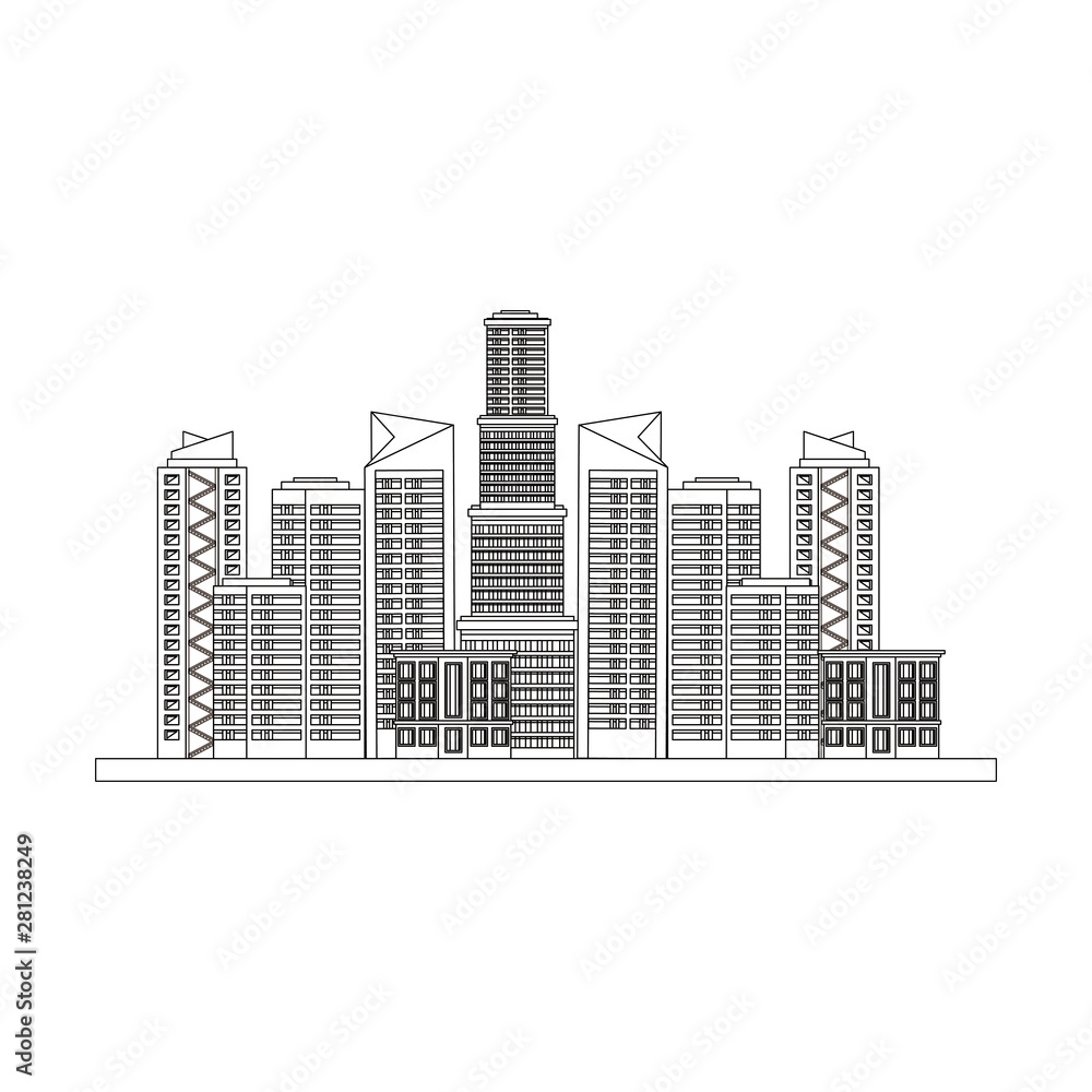 buildings landscape urban view cartoon in black and white