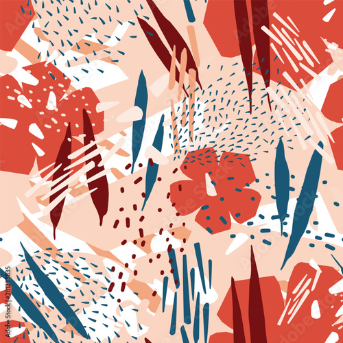 Natural seamless pattern with blooming flowers and abstract blots or stains