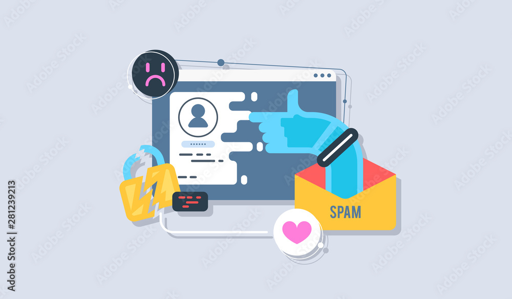 Spamming mailbox concept, user data on the screen of a monitor. Email box hacking, spam warning. Vector Illustration Spamming mailbox concept, user data on the screen of a monitor. Email box hacking, spam warning. Vector Illustration
