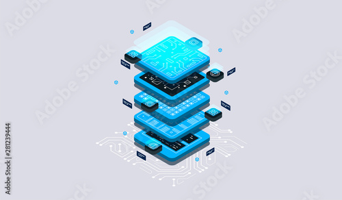 Isometric design concept virtual reality and augmented reality. software development and programming. Computation of big data center, quantum computer isometric vector technology