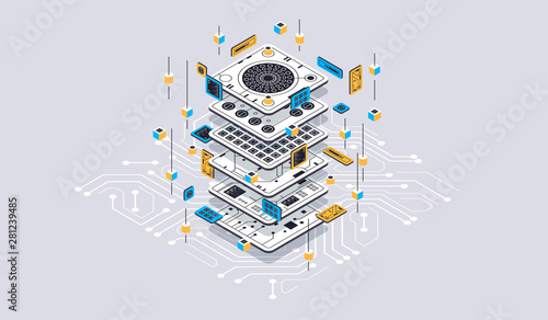 Isometric design concept virtual reality and augmented reality. software development and programming. Computation of big data center, quantum computer isometric vector technology