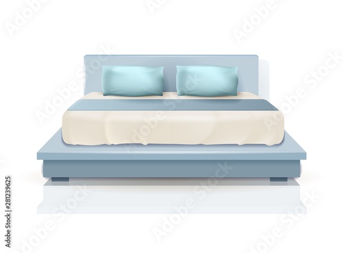 Double King Size Bed with Blue Pillows and Blanket