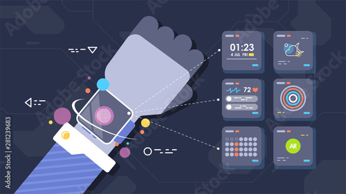 Vector illustration, Smart Watch with AR interface. Abstract tech concept.